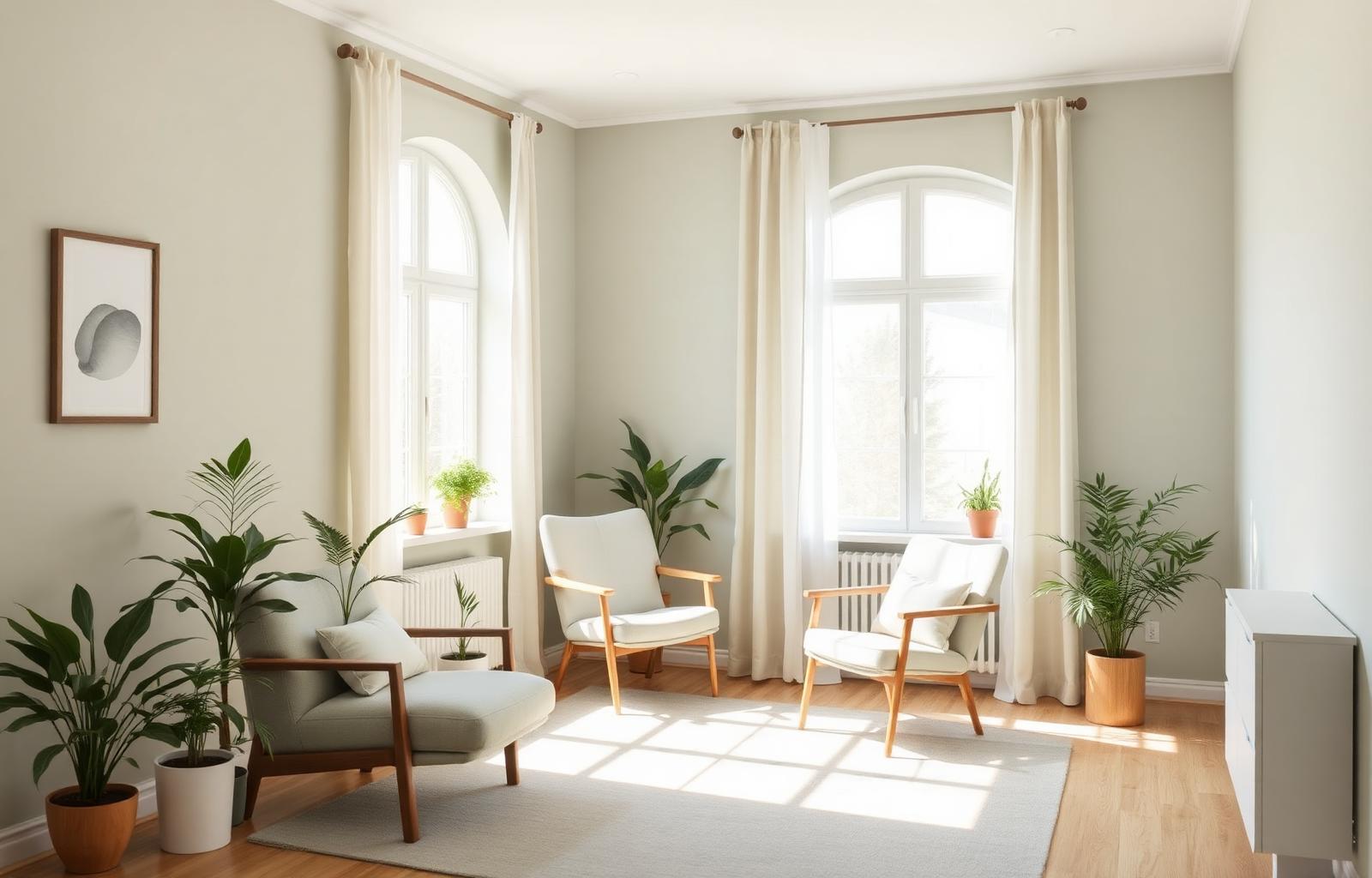 Consultório acolhedor com luz natural, plantas e poltronas confortáveis